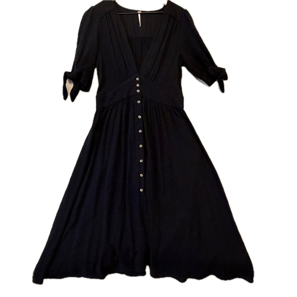 FREE PEOPLE Dress Womens M Love Of My Life Black Cotton Tie Sleeve Midi OB659932